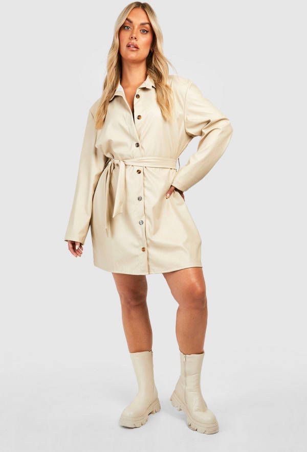 boohoo Plus Gesmokte Leren Jurk Met Ceintuur, Stone