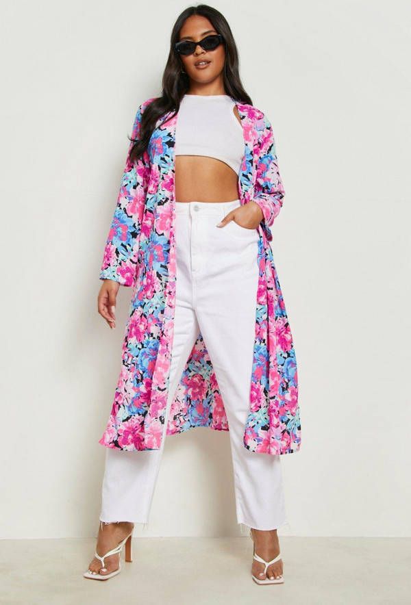 boohoo Plus Geweven Bloemen Midi Kimono, Red