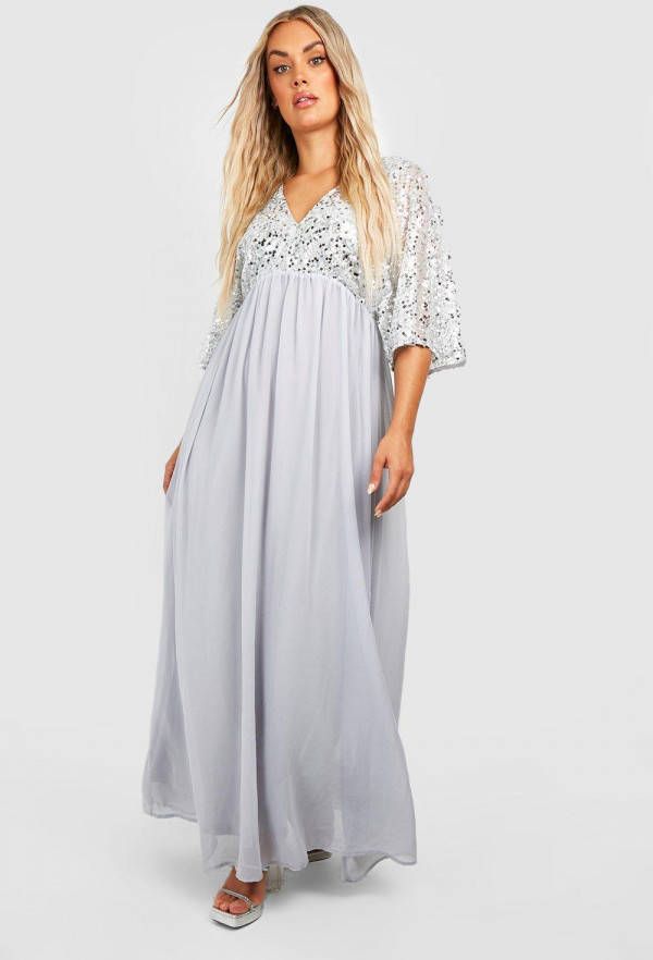 boohoo Plus Glitter Chiffon Maxi Jurk Met Pailletten, Silver