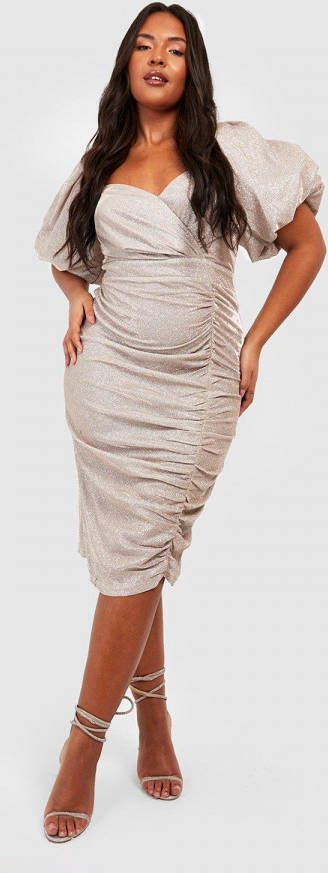 boohoo Plus Glitter Midi Jurk Met Pofmouwen, Champagne