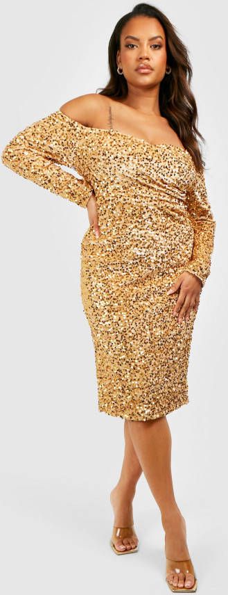 boohoo Plus Glitter Off Shoulder Midi Jurk Met Pailletten, Gold