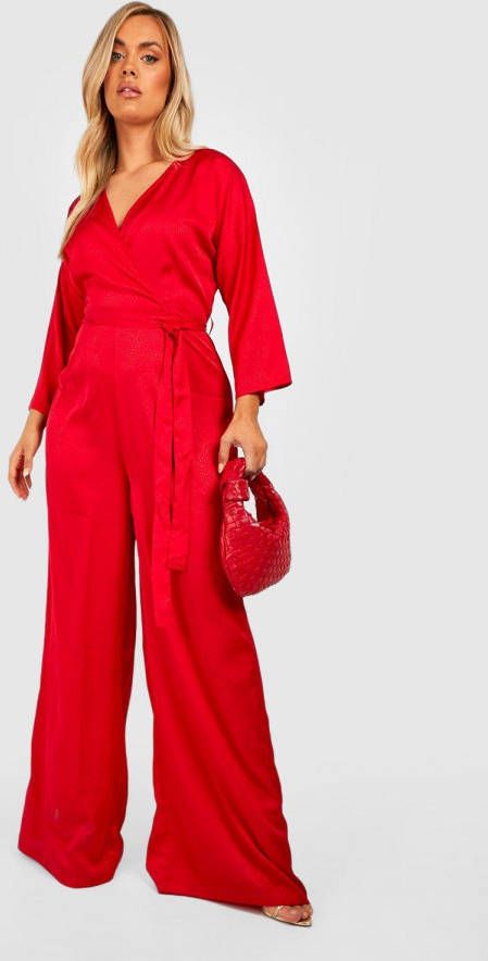 boohoo Plus Jacquard Satijnen Luipaardprint Wide Leg Jumpsuit Met Strik, Red