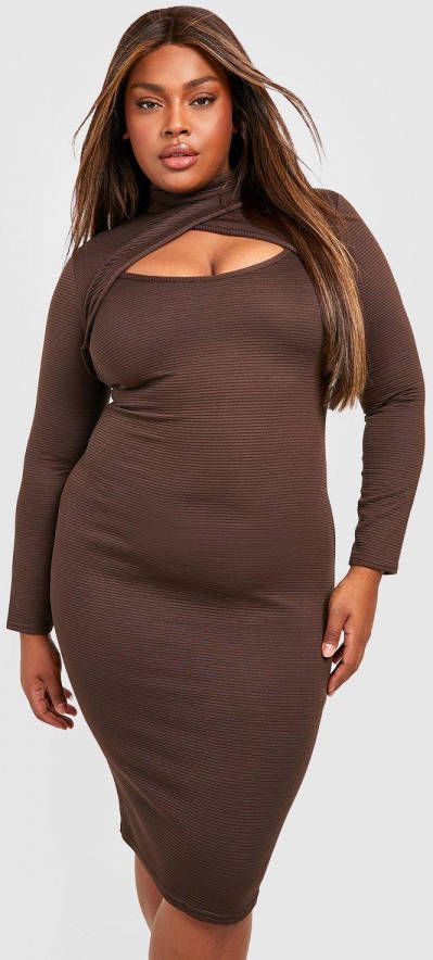 boohoo Plus Jumbo Geribbelde Cut Out Midi Jurk, Chocolate