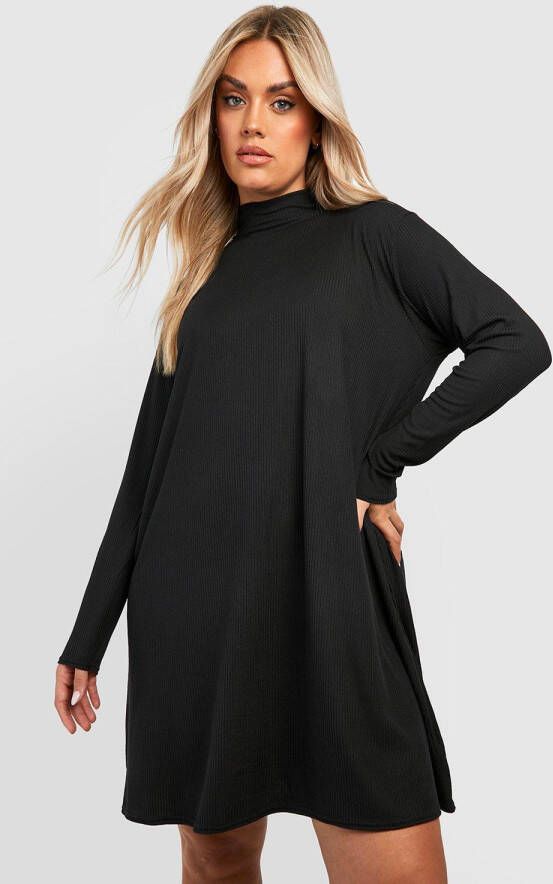 boohoo Plus Jumbo Geribbelde Swing Jurkmet Col, Black