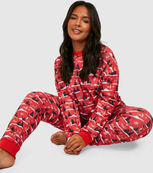 boohoo Plus Kerst Sneeuw Pyjama Set Met Broek, Red