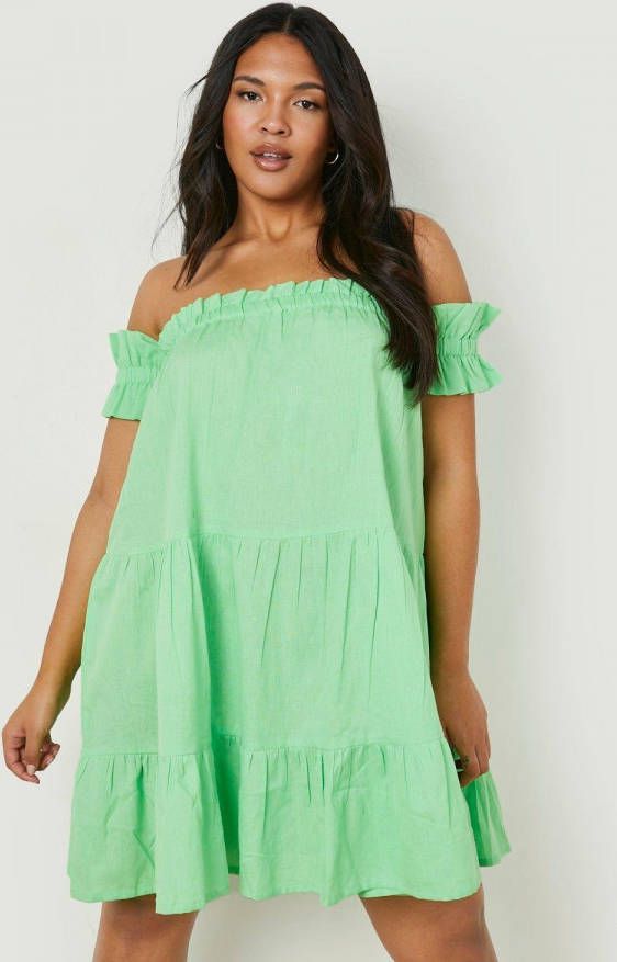 boohoo Plus Linnen Zonnejurk Met Uitgesneden Hals, Green