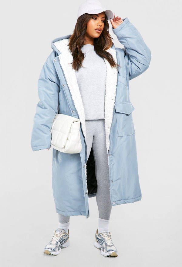 boohoo Plus Long Line Parka Jas Met Fleece Voering, Grey
