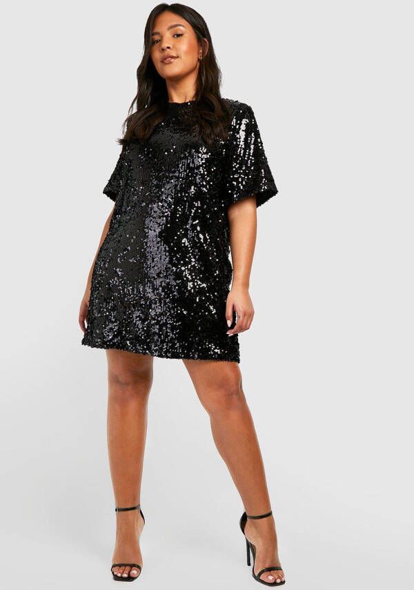 boohoo Plus Loshangende Irriserende Glitter Jurk Met Pailletten, Black