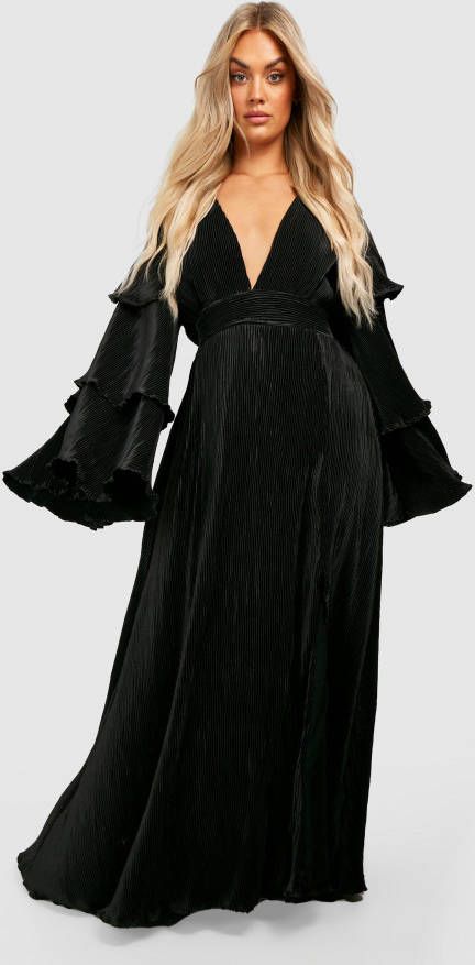 boohoo Plus Maxi Jurk Met Laagjes En Geplooide Mouwen, Black