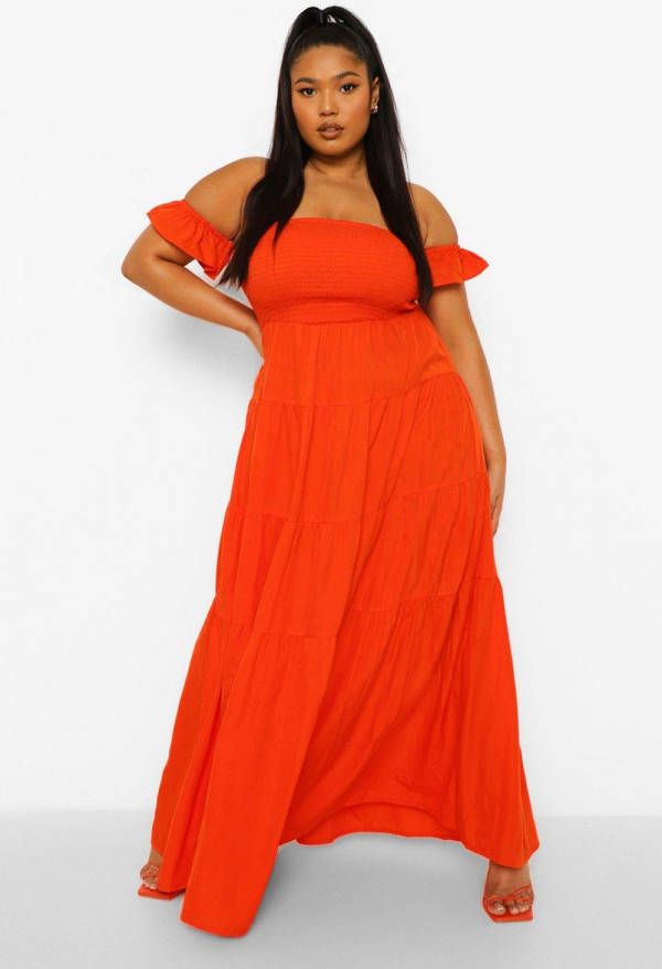 boohoo Plus Maxi Jurk Met Open Schouders En Laagjes, Orange