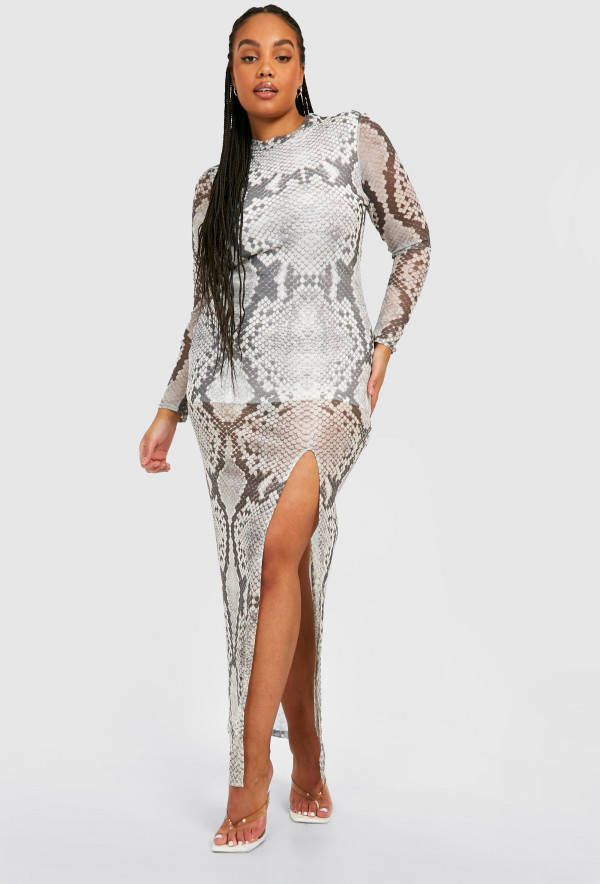 boohoo Plus Mesh Slangenprint Maxi Jurk Met Zijsplit En Lange Mouwen, Grey