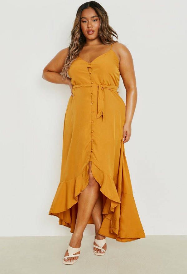 boohoo Plus Met Knoop Detail En Geplooide Zoom Midi Jurk, Mustard