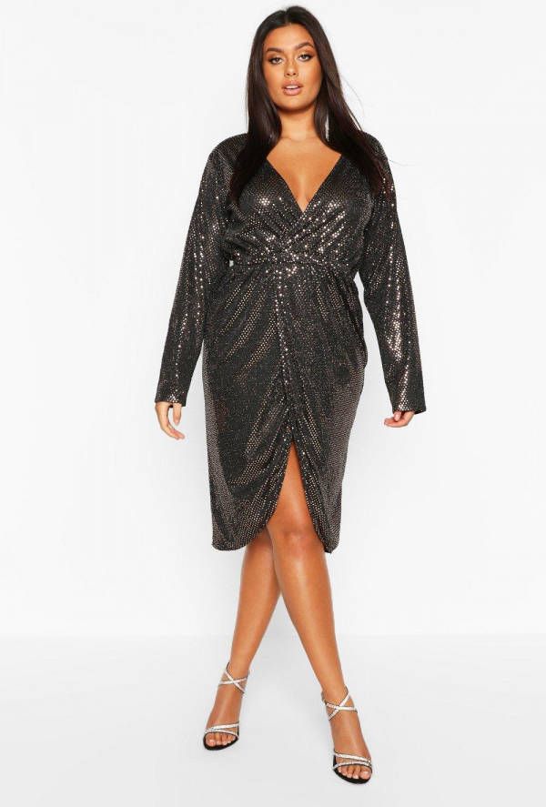boohoo Plus Midi Wikkel Jurk Met Pailletten En Laag Decolleté,, Rosé, goud