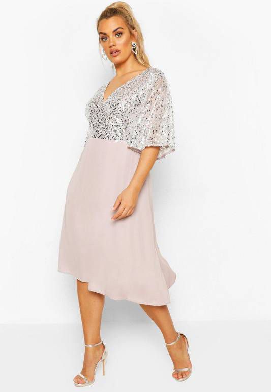 boohoo Plus Gelegenheids Midi Jurk Met Pailletten En Engelen Mouwen, Zilver