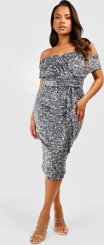boohoo Plus Off Shoulder Midi Wikkeljurk Met Pailletten, Silver