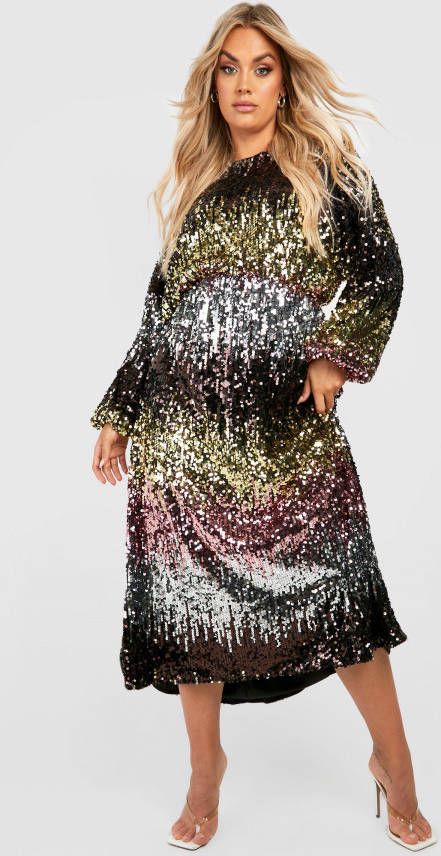 boohoo Plus Ombre Glitter Midi Jurk Met Pailletten, Silver
