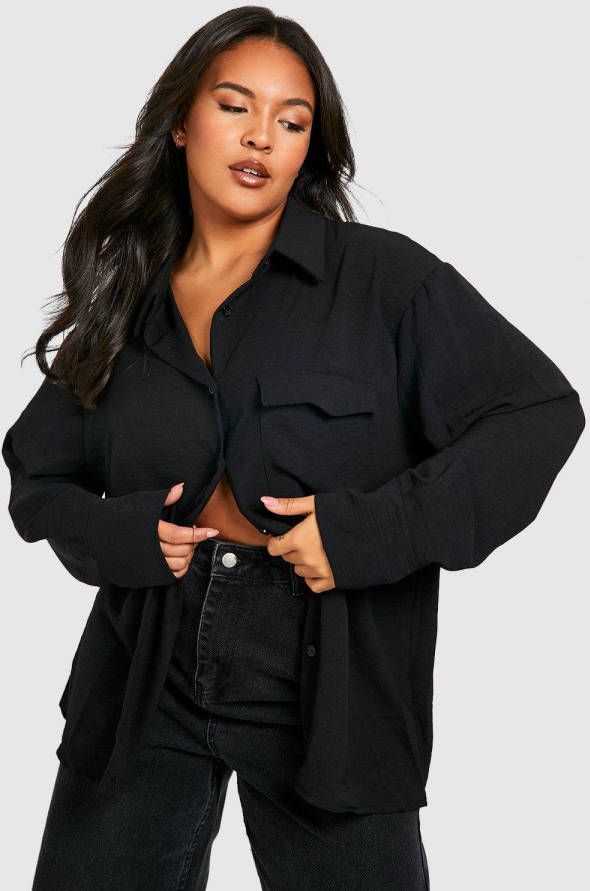 boohoo Plus Oversized Geweven Utility Blouse Met Textuur, Black