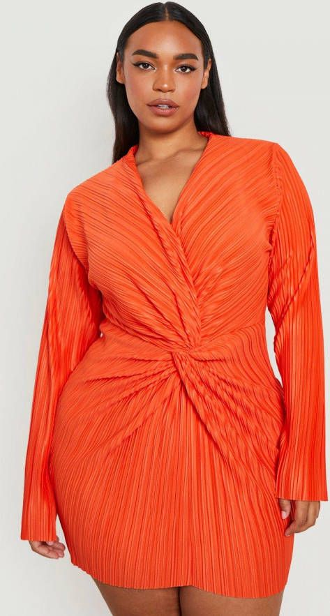 boohoo Plus Plisse Gedraaide Blouse Jurk, Orange