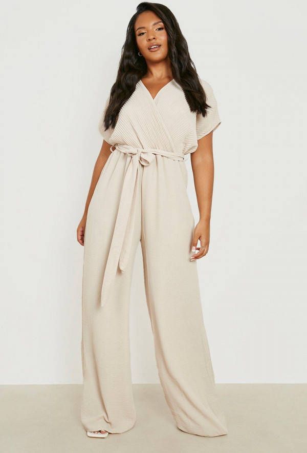 boohoo Plus Plisse Wikkel Jumpsuit, Stone