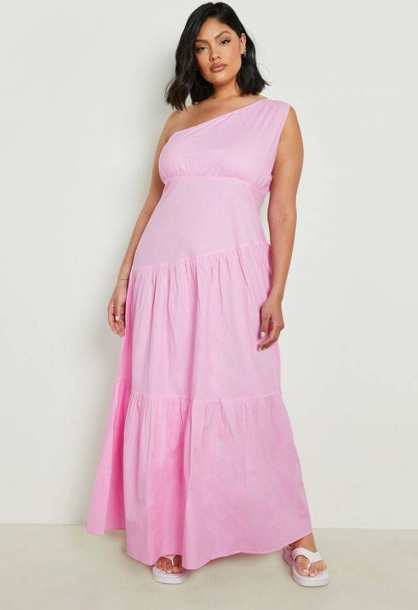 boohoo Plus Poplin Maxi Jurk Met E&#xE9, n Blote Schouder, Pink