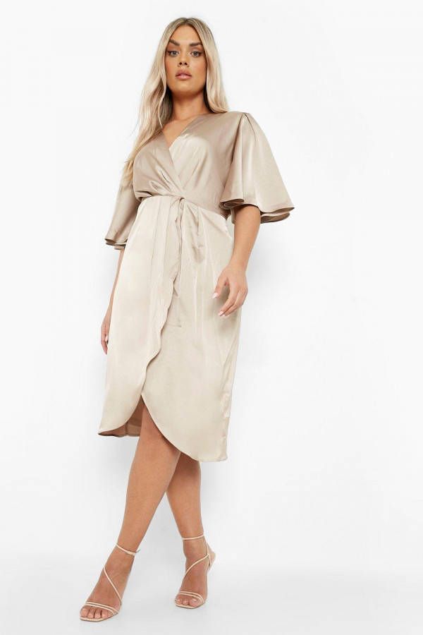 boohoo Plus Satijnen Gelegenheids Midi Wikkel Jurk, Champagne