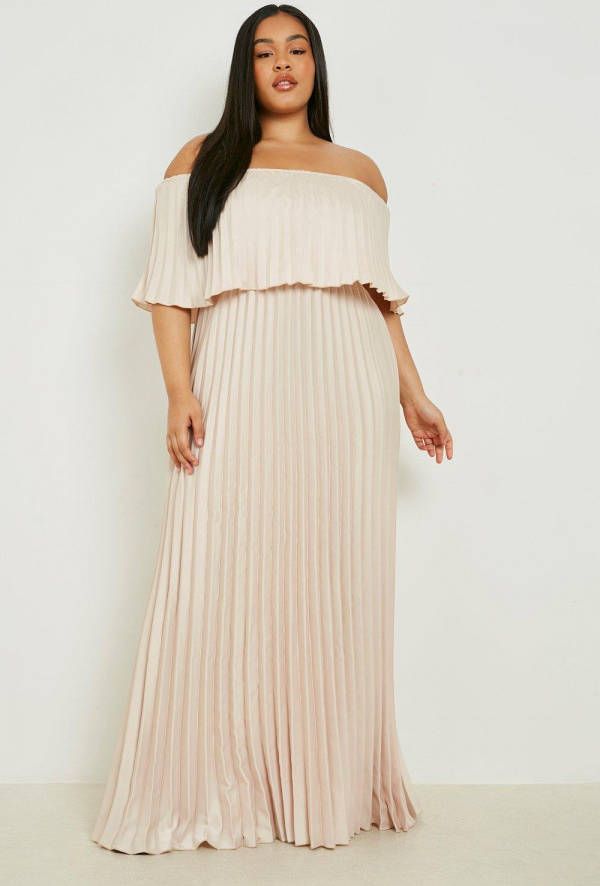boohoo Plus Satijnen Geplooide Off Shoulder Midi Jurk, Champagne