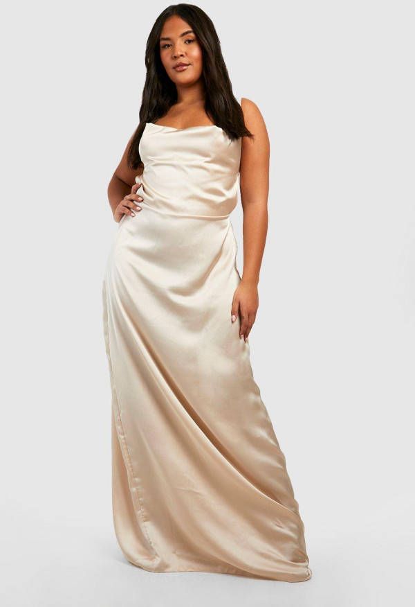 boohoo Plus Satijnen Maxi Jurk Met Losse Col, Stone