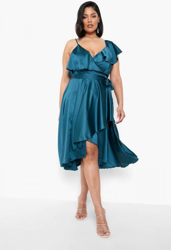 boohoo Plus Satijnen Wikkel Skater Jurk Met Ruches, Teal