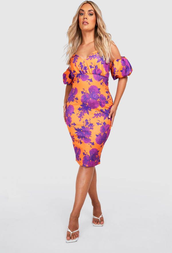 boohoo Plus Scuba Bloemen Off Shoulder Midi Jurk, Orange