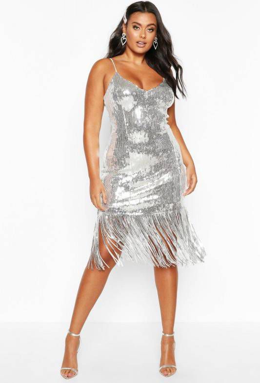 boohoo Plus Bustier Midi Jurk Met Pailletten En Kwastjes, Silver