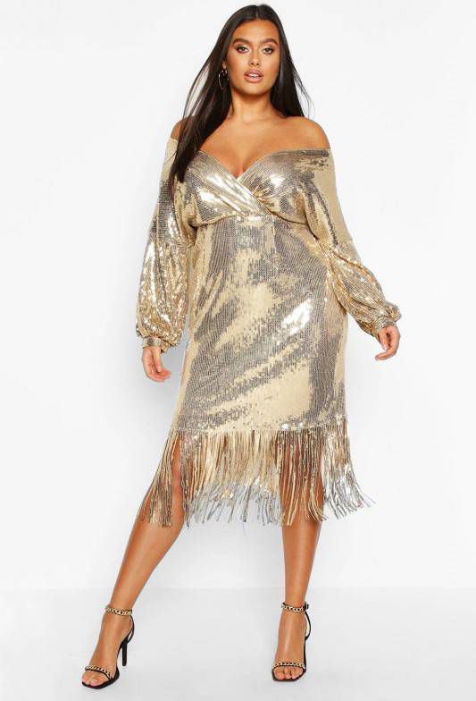 boohoo Plus Midi Wikkel Jurk Met Pailletten En Open Schouders, Goud
