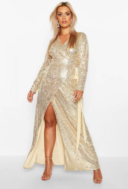 boohoo Plus Lange Maxi Jurk Met Pailletten, Goud