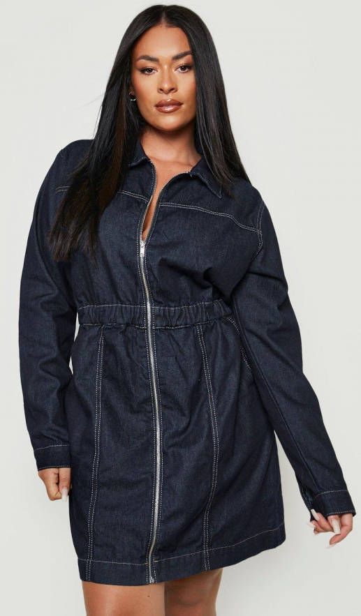 boohoo Plus Spijkerjurk Met Rits En Elastische Taille, Indigo