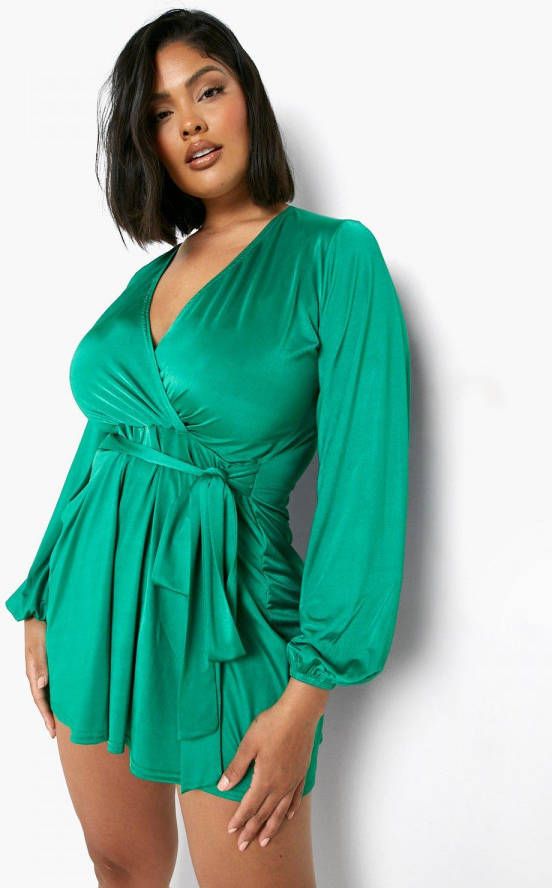 boohoo Plus Strakke Disco Wikkel Romper Met Ceintuur, Green