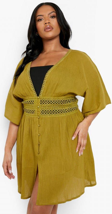 boohoo Plus Strand Jurk Met Kaasdoek Zoom Detail, Olive