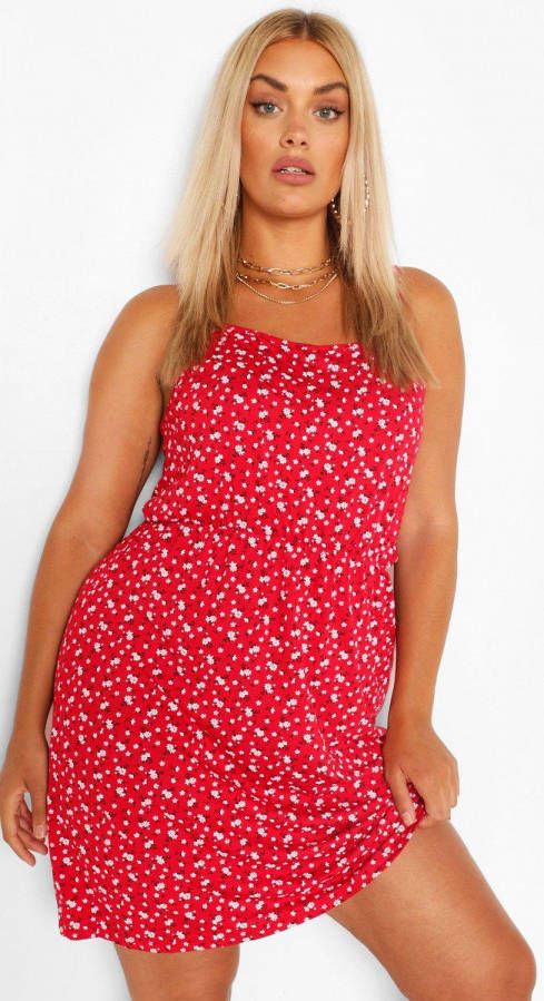 boohoo Plus Bloemenprint Zonnejurk Met Bandjes, Rood