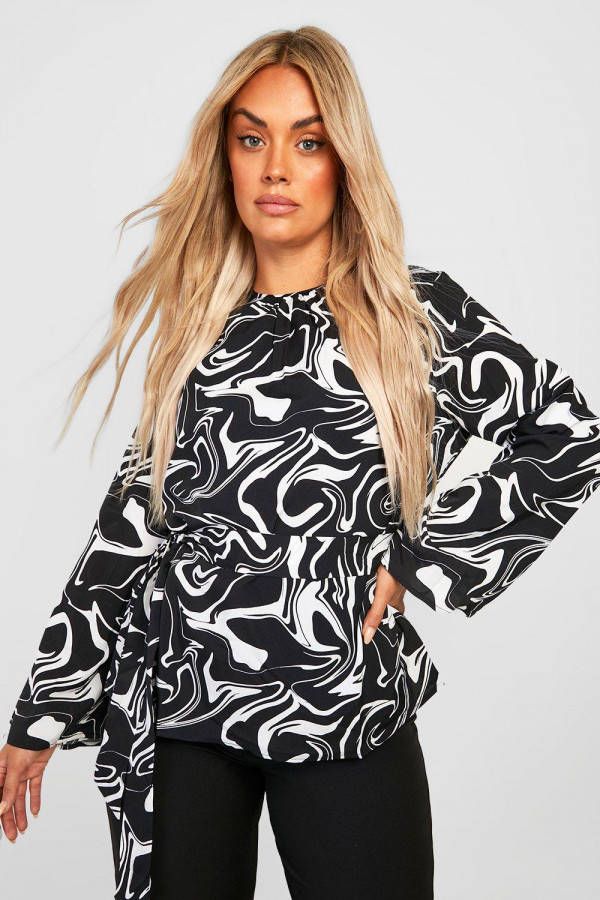 boohoo Plus Swirl En Marmerprint Top Met Ceintuur, Black
