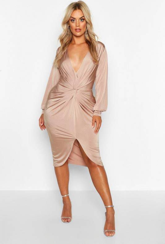 boohoo Plus Gedraaide Midi Jurk Met Laag Decollet&#xE9,, Steenrood