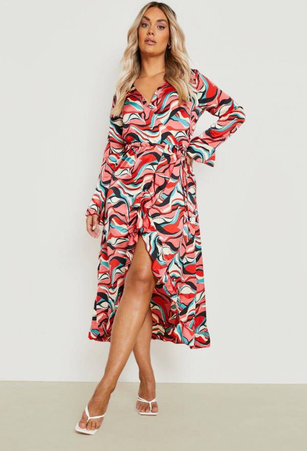 boohoo Plus Wikkel Jurk Met Abstracte Print En Ruches, Red