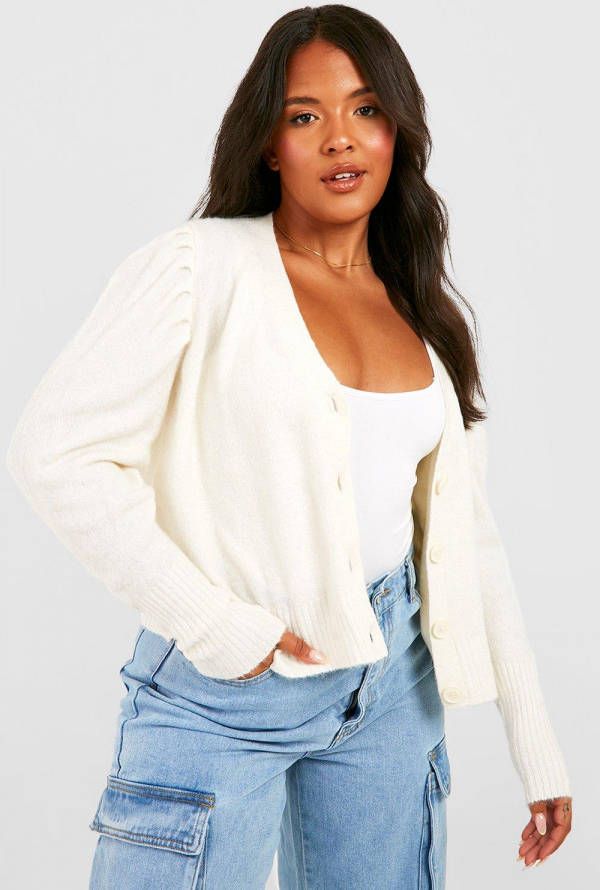 boohoo Plus Zachte Gebreide Cardigan Met Pofmouwen, Stone