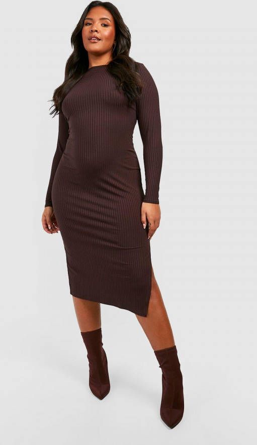boohoo Plus Zachte Gebreide Midi Jurk Met Split, Chocolate