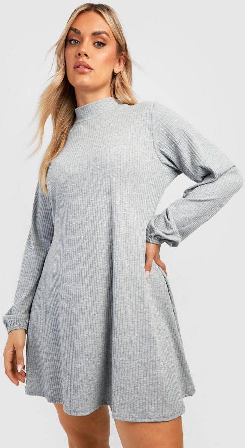 boohoo Plus Zachte Geribbelde Swing Jurk Met Hoge Kraag, Grey Marl