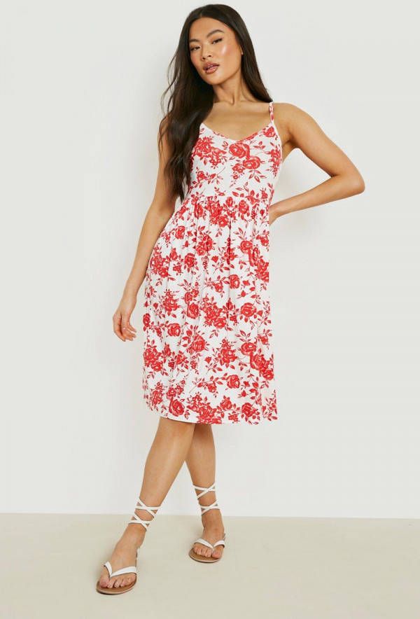 boohoo Porselein Print Midi Jurk Met Schouderstrikjes, Red