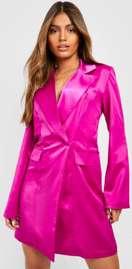 boohoo Premium Satijnen Blazer Jurk Met Dubbele Knopen, Purple