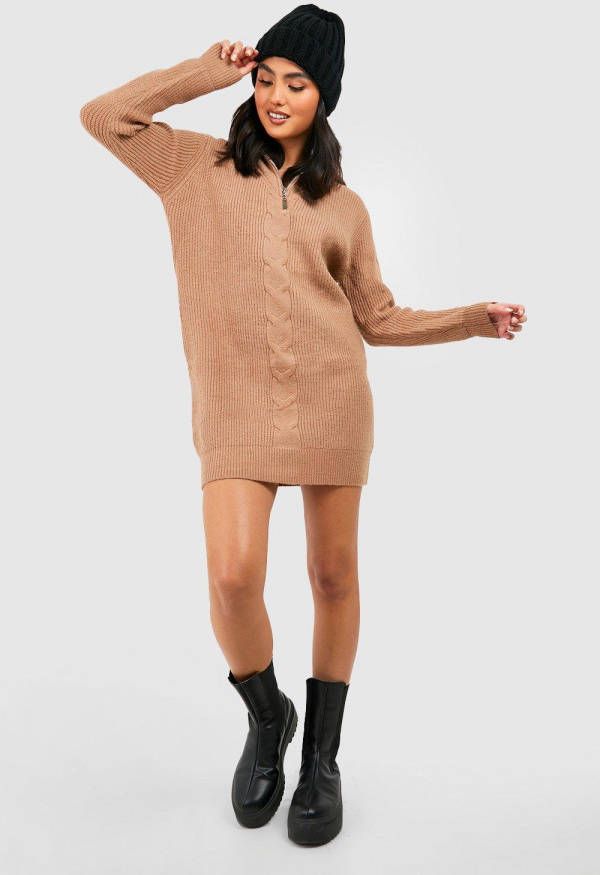 boohoo Premium Zachte Grof Gebreide Jurk Met Korte Rits, Beige