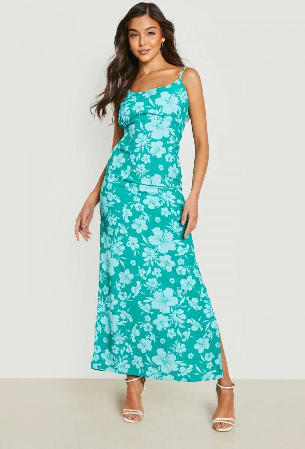 boohoo Satijnen Bloemen Jurk, Green