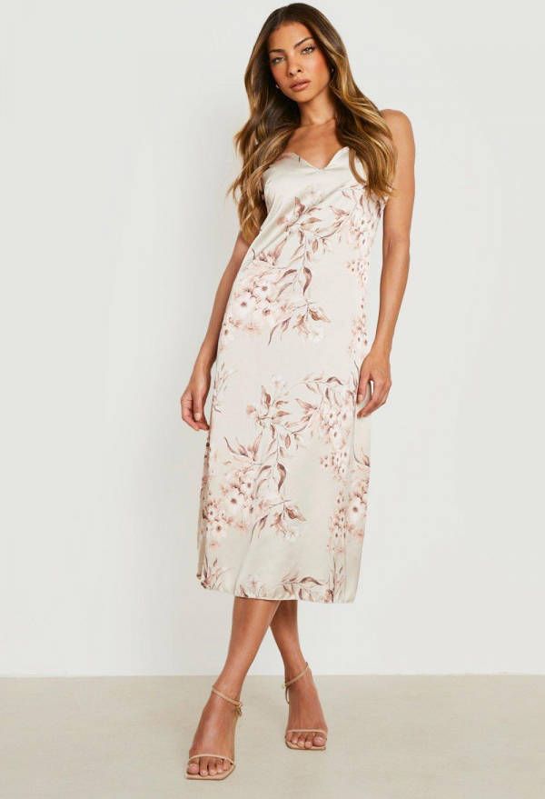 boohoo Satijnen Bloemen Jurk, Stone
