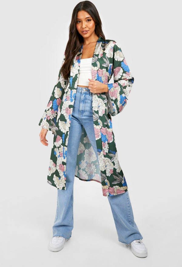 boohoo Satijnen Bloemen Maxi Kimono, Khaki