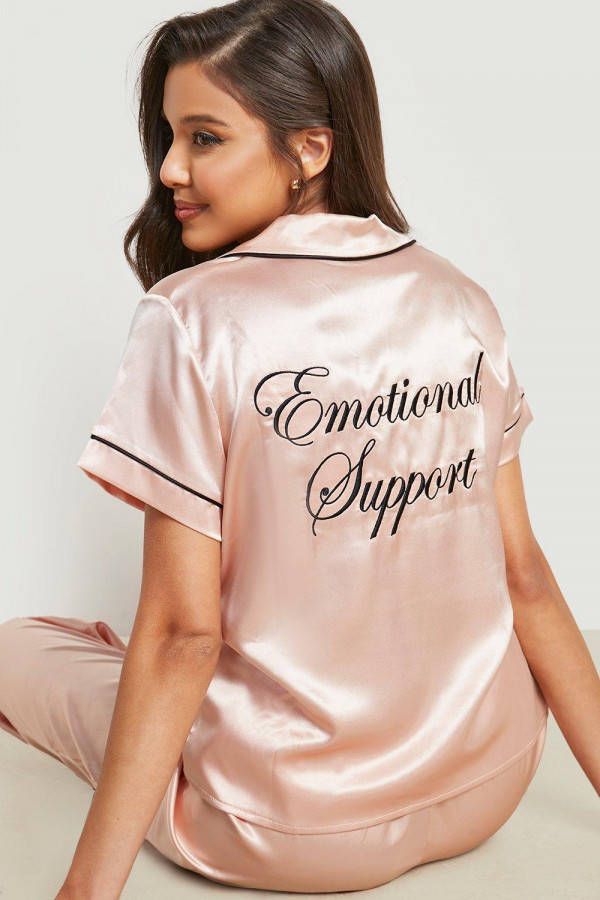 boohoo Satijnen Emotional Support Pyjama Set Met Broek, Rose Gold