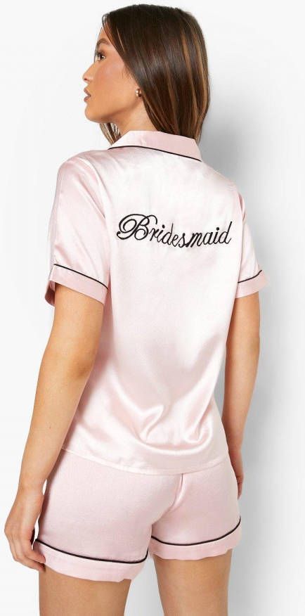 boohoo Satijnen Geborduurde Bruidsmeisjes Pyjama Set Met Shorts, Rose Gold